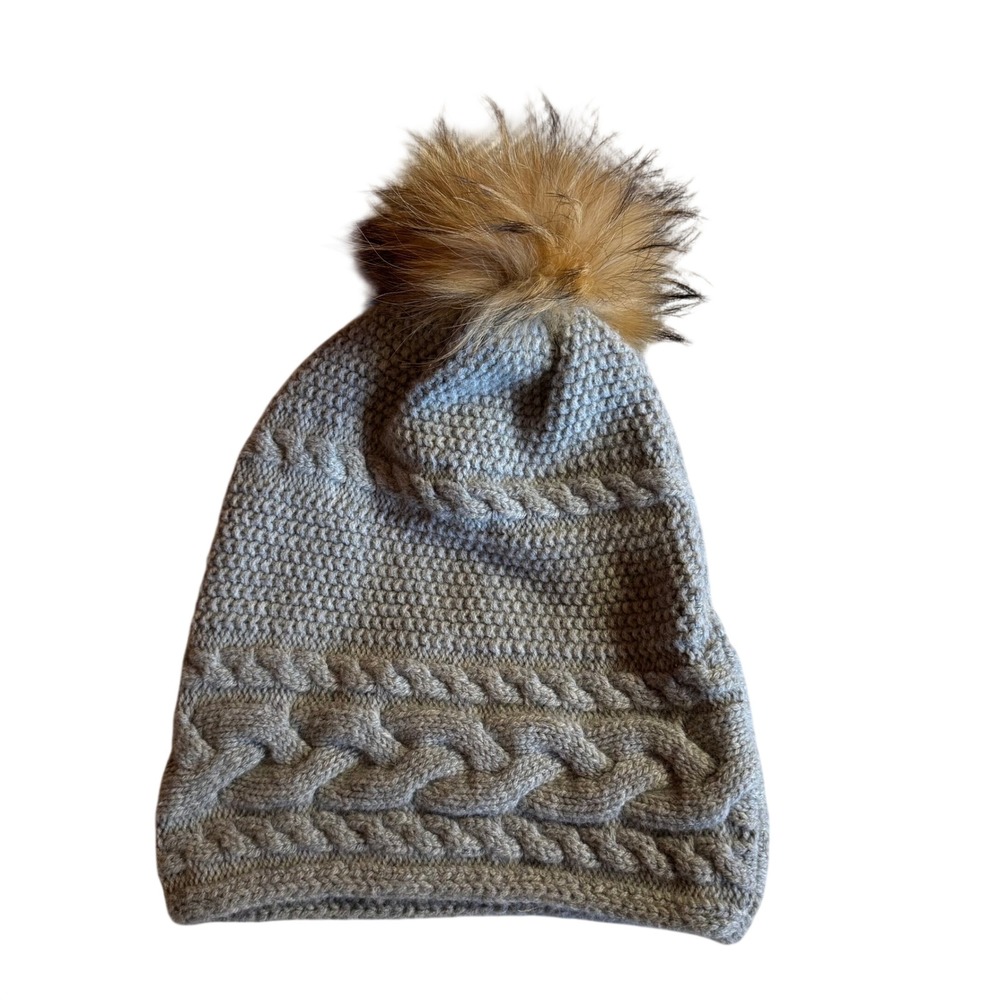 Inverni Firenze‎ 1892 Grey Merino Wool Cashmere Real Fur Pom Beanie Hat Italy